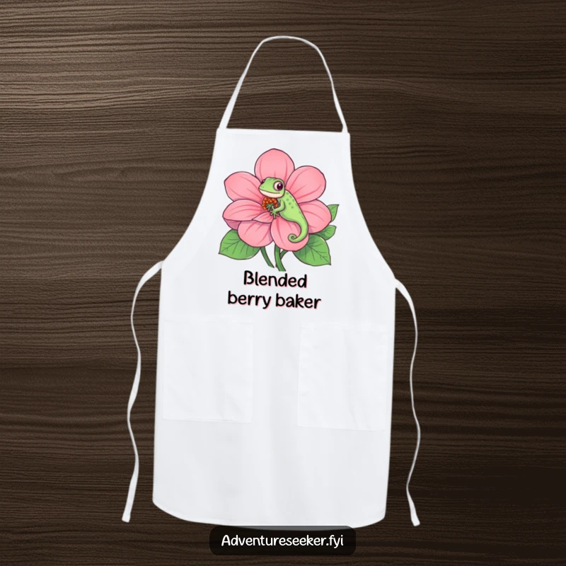 Funny apron showcasing a playful chameleon perfectly hidden on a giant, vibrant flower, adding a splash of color and humor to cooking.