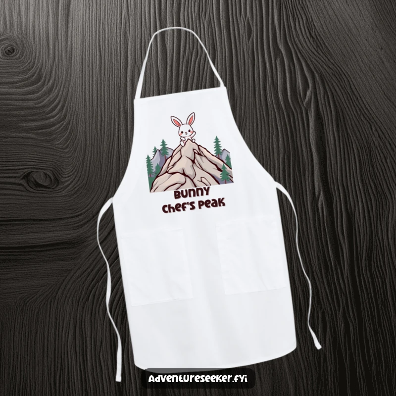 Funny climbing rabbit apron featuring a determined character climbing a mountain, ideal for kitchen adventures.
