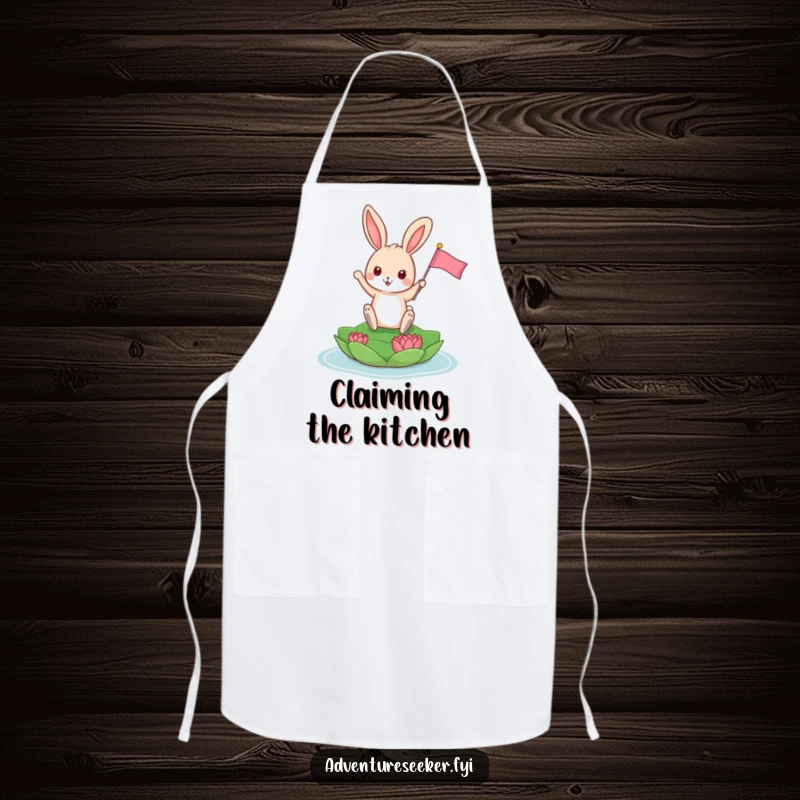 Funny Bunny Apron: Playful bunny triumphantly planting a tiny flag on a floating lily pad, kitchen protection.