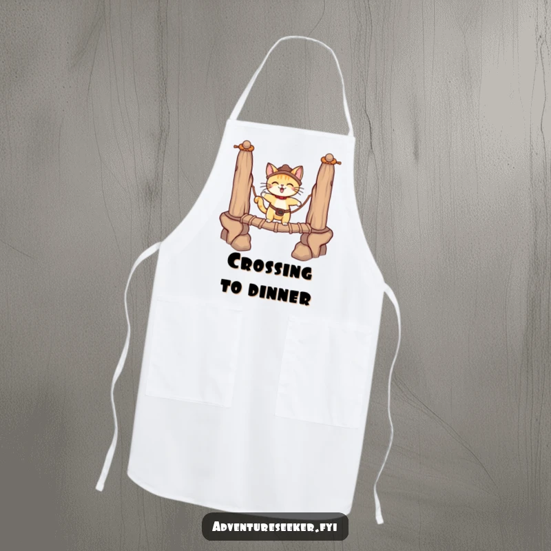 Funny adventurous cat character in an apron, carefully crossing a rope bridge. A practical funny gift.