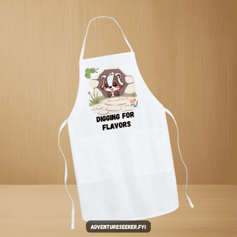 Funny Happy Badger Apron featuring a joyful badger character finding a hidden path, perfect for a humorous cooking experience.