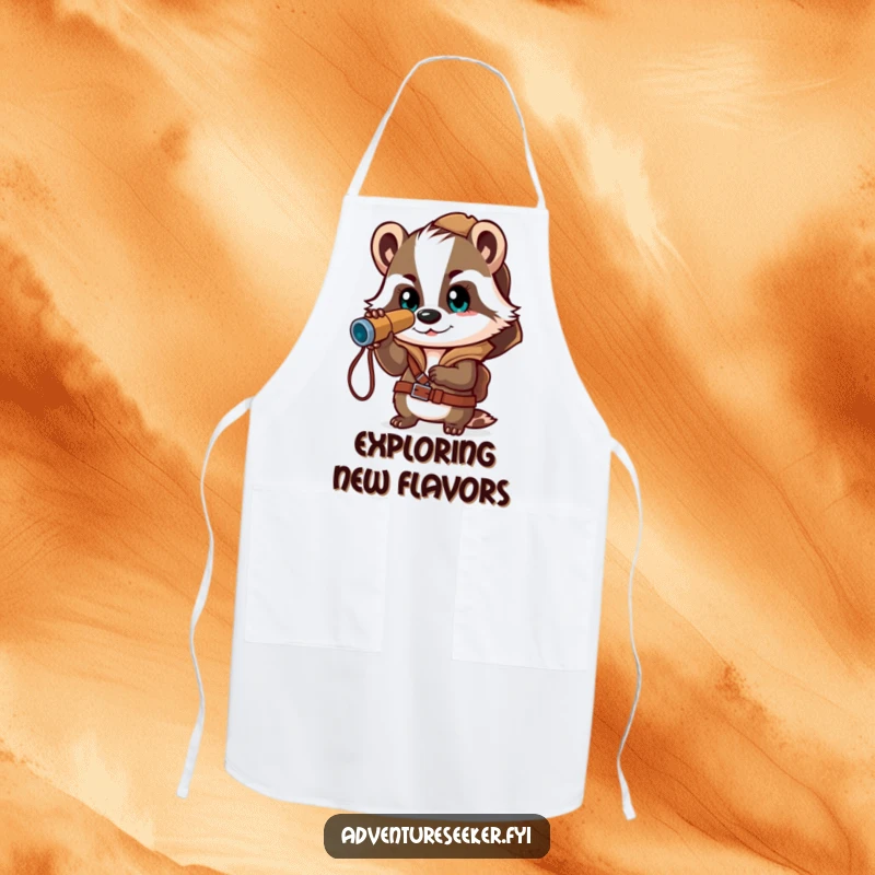 Funny apron depicting a brave badger explorer with a spyglass, ready for kitchen adventures, making cooking a fun expedition.