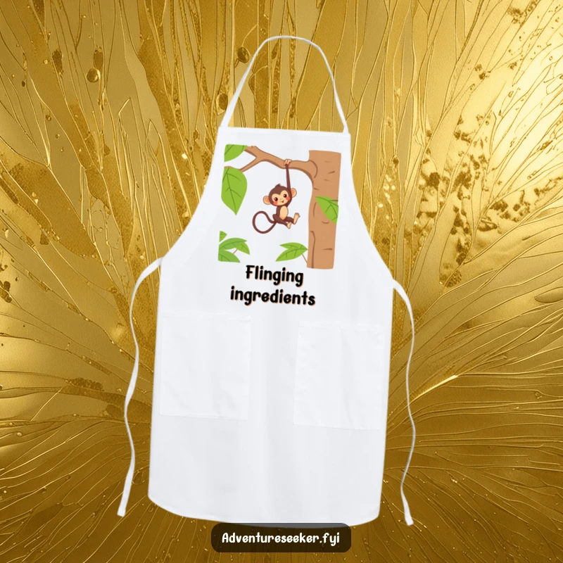 Funny apron with a mischievous monkey character hanging from a jungle tree branch, adding a whimsical touch to kitchen wear.