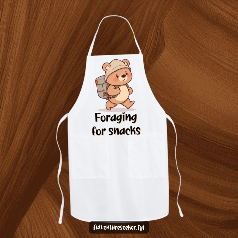 Funny bear explorer apron depicting a cute bear with a backpack, ready to explore culinary creations.