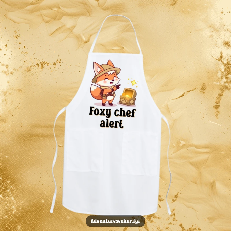 Funny apron showing a happy fox explorer character pointing at a treasure chest, perfect for a fun cooking experience.