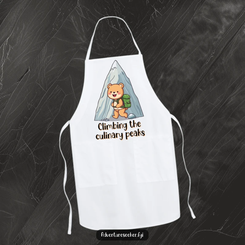 Funny apron illustrating a happy bear with a backpack climbing a giant mountain, perfect for kitchen adventures and a funny gift.