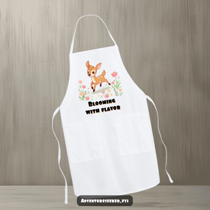 Funny deer apron showing a happy character joyfully bounding through a vibrant field of flowers, perfect for a playful cook.