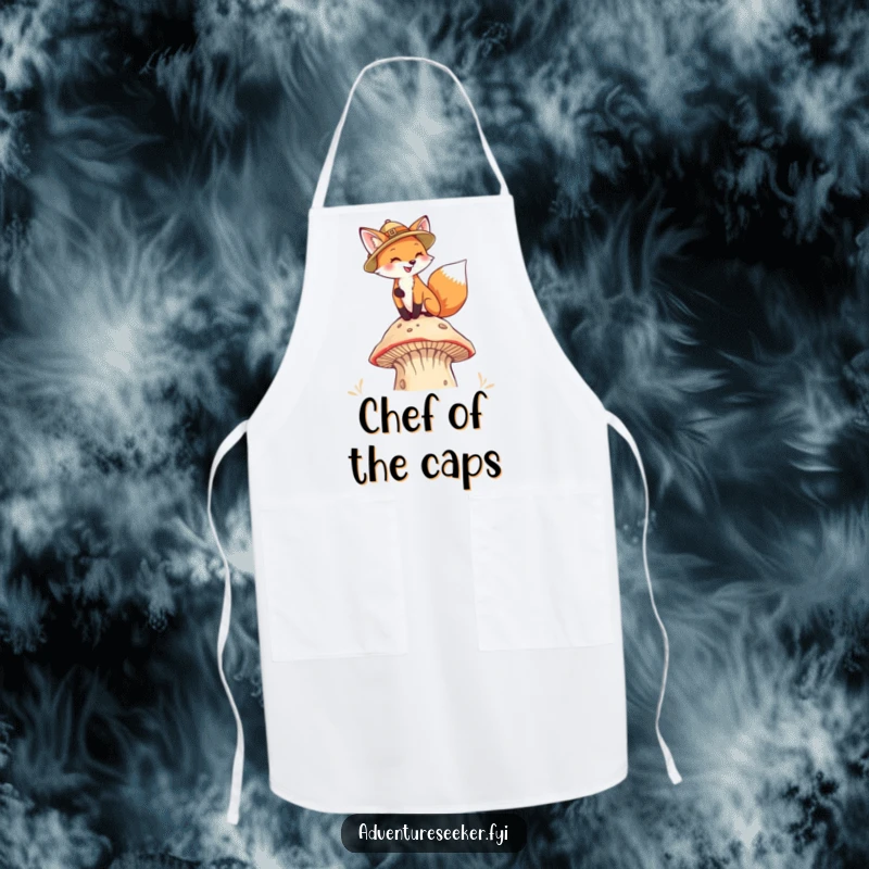 Funny Fox Pith Helmet Apron. A fox in a pith helmet climbing a mushroom, adding woodland charm to your kitchen attire.