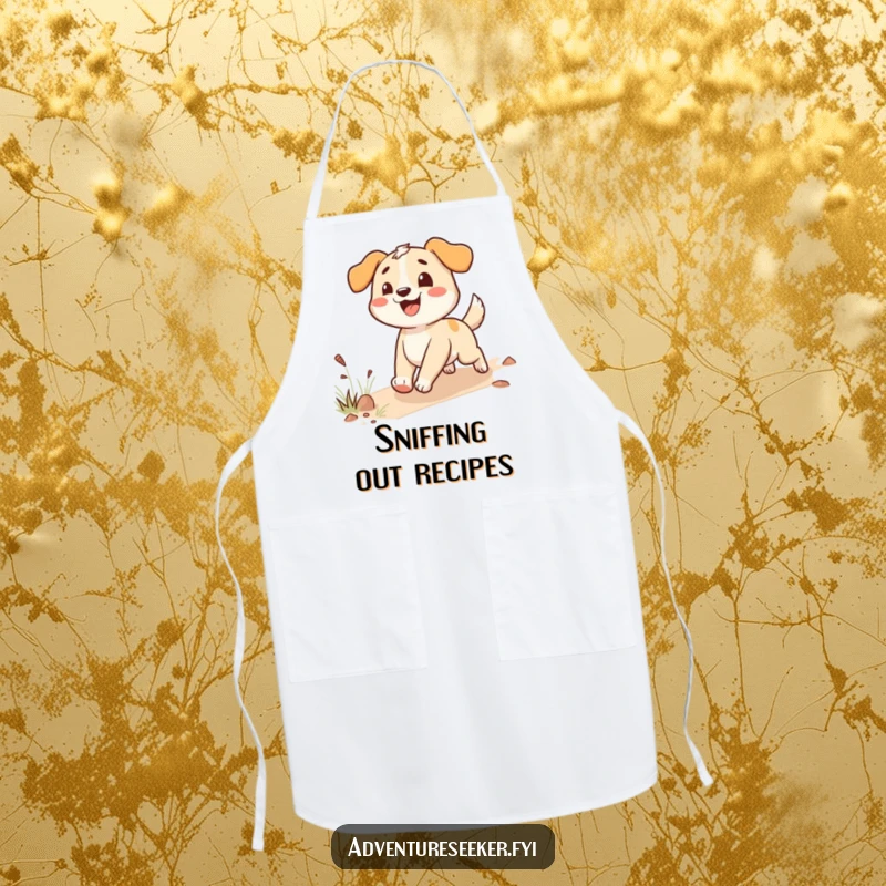 Funny happy dog apron featuring an enthusiastic character following a trail, perfect for kitchen adventures.