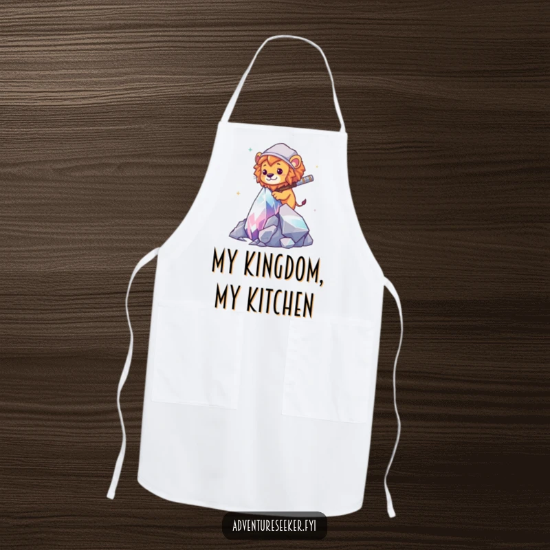 Funny Lion Explorer Apron: A brave lion navigating a crystal formation, ready for kitchen adventures with humor.