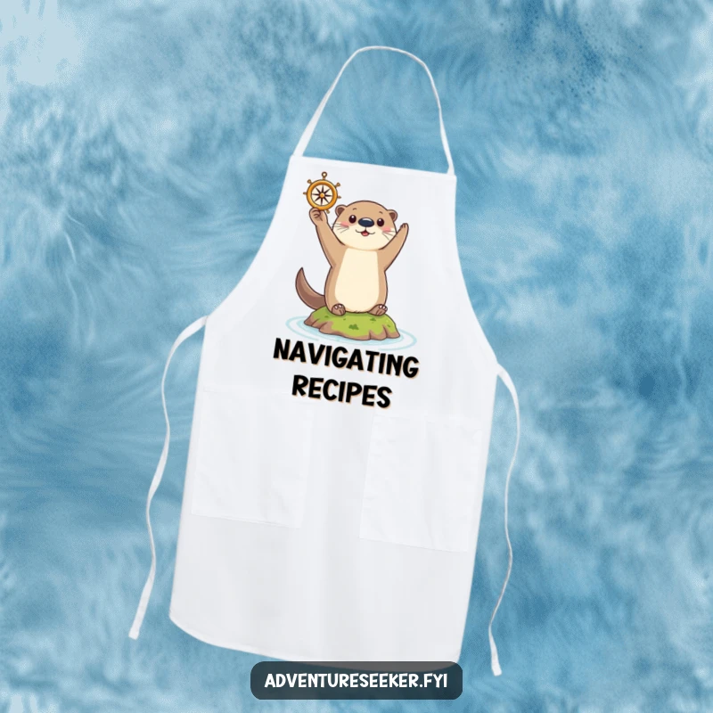 Funny Otter Apron: Curious otter triumphantly holding a tiny compass aloft on a small island, kitchen essential.