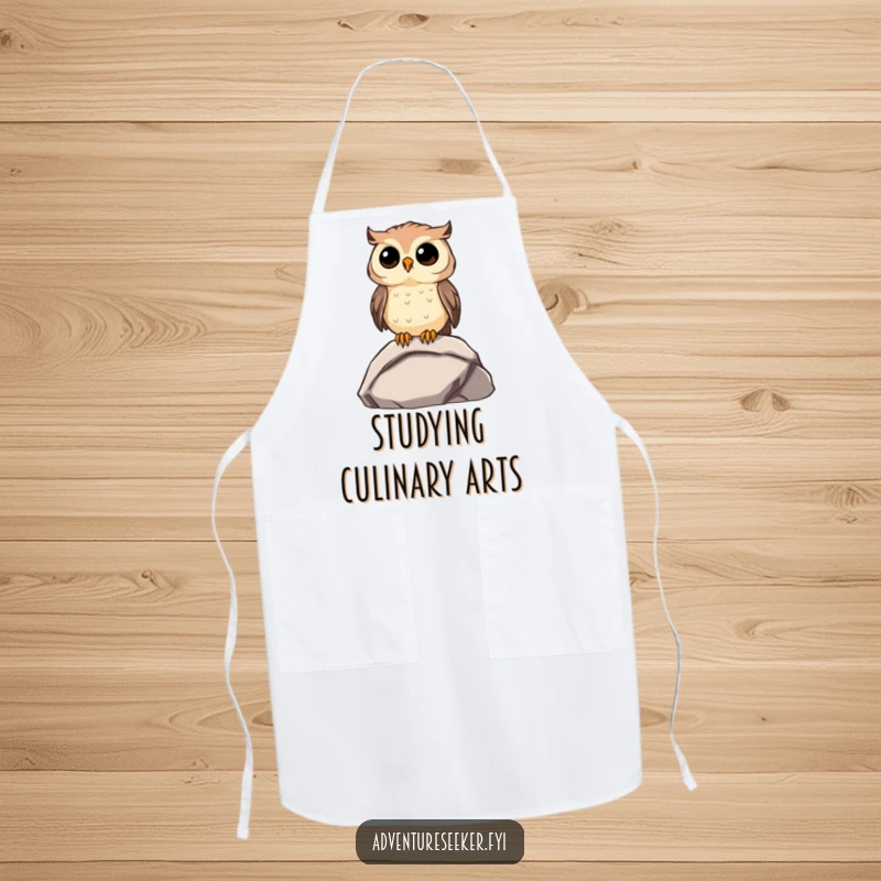 Funny Owl Apron: Wise owl perched on a rock, gazing into the distance, ready for a funny cooking session.