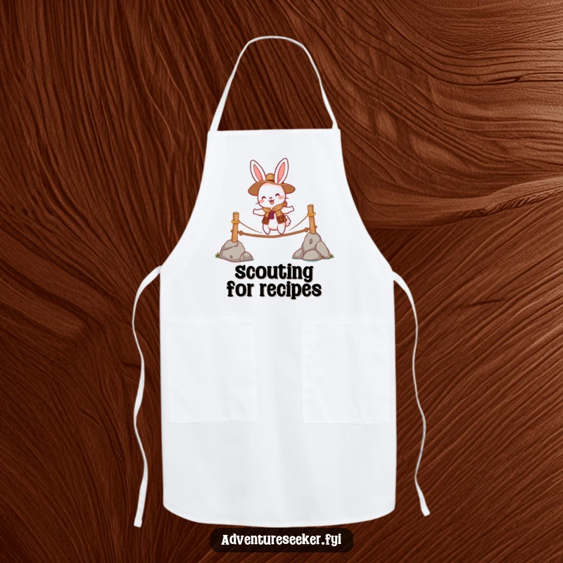 Funny apron showing a cheerful rabbit scout character bravely crossing a wobbly rope bridge, designed for cooking fun.