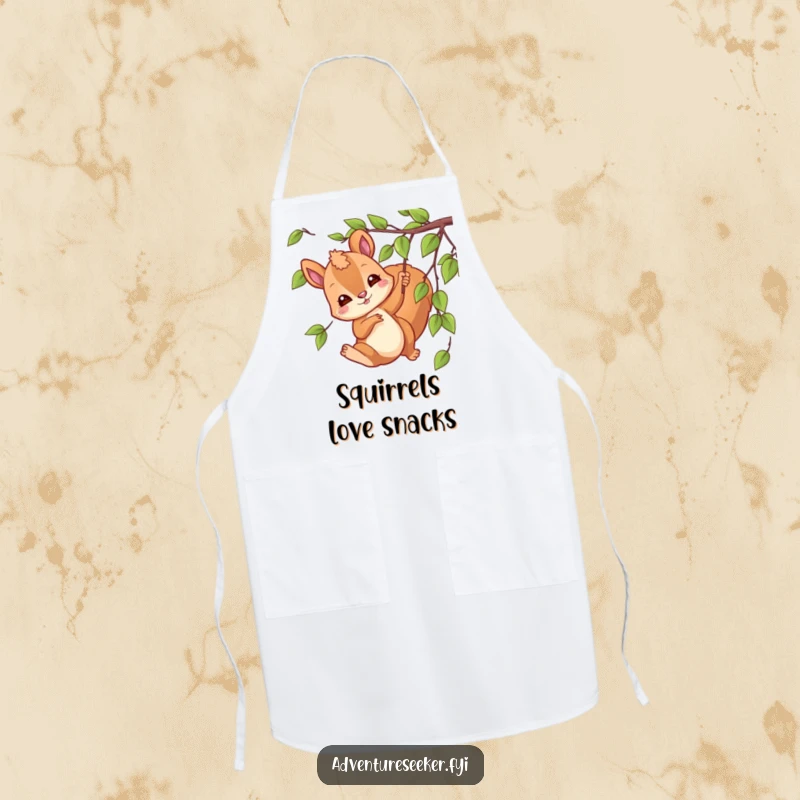 Funny swinging squirrel apron featuring a playful character swinging from a vine, perfect for kitchen tasks.