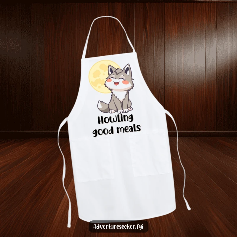 Funny wolf apron featuring a smiling character howling joyfully at a stylized moon, perfect for a cook with a wild side.