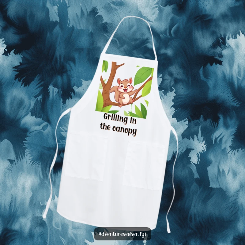 Funny apron showcasing a delighted squirrel with a grin, swinging on a jungle vine, perfect for kitchen fun and a humorous touch.