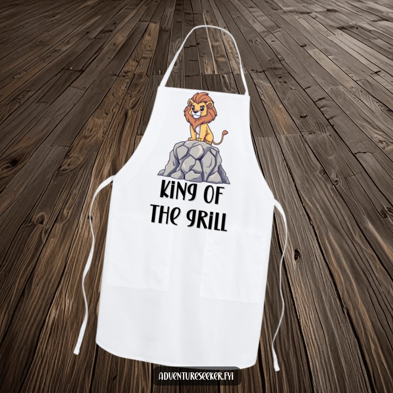 Funny apron depicting a brave lion character surveying from a rocky height, adding a touch of regal humor to culinary adventures, a great gift.
