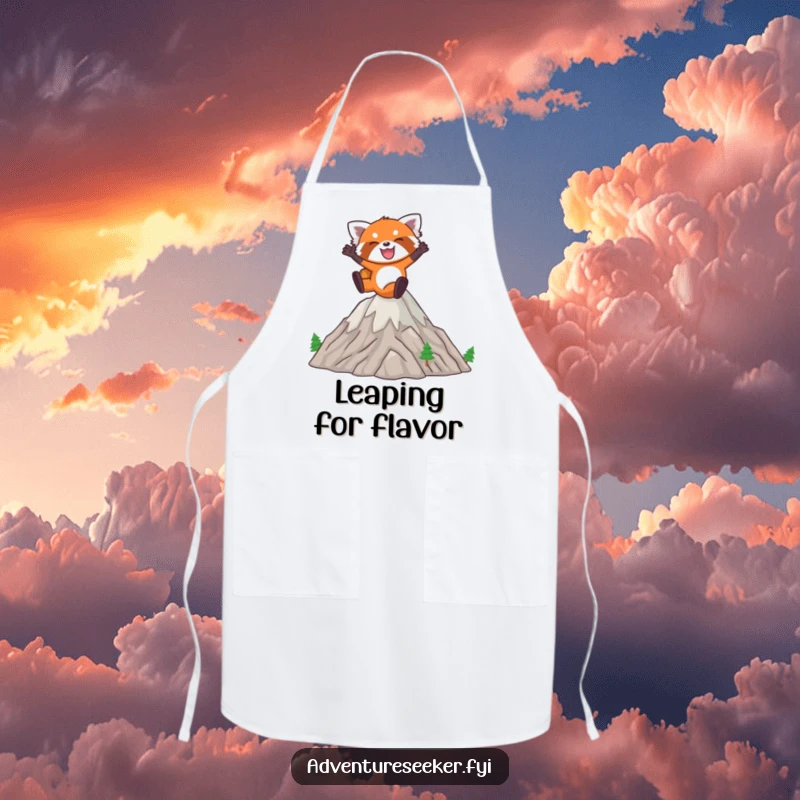Funny Red Panda Apron: Joyful red panda leaping energetically over miniature mountains, kitchen protection.