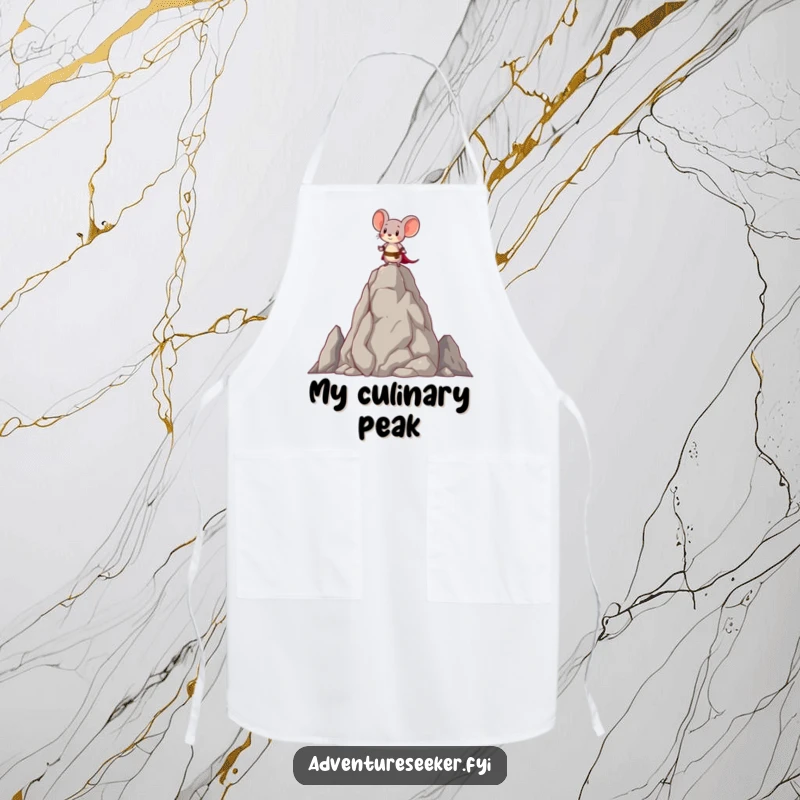 Funny apron with a brave little mouse character standing atop a tall, ancient rock, adding a whimsical touch to kitchen wear.