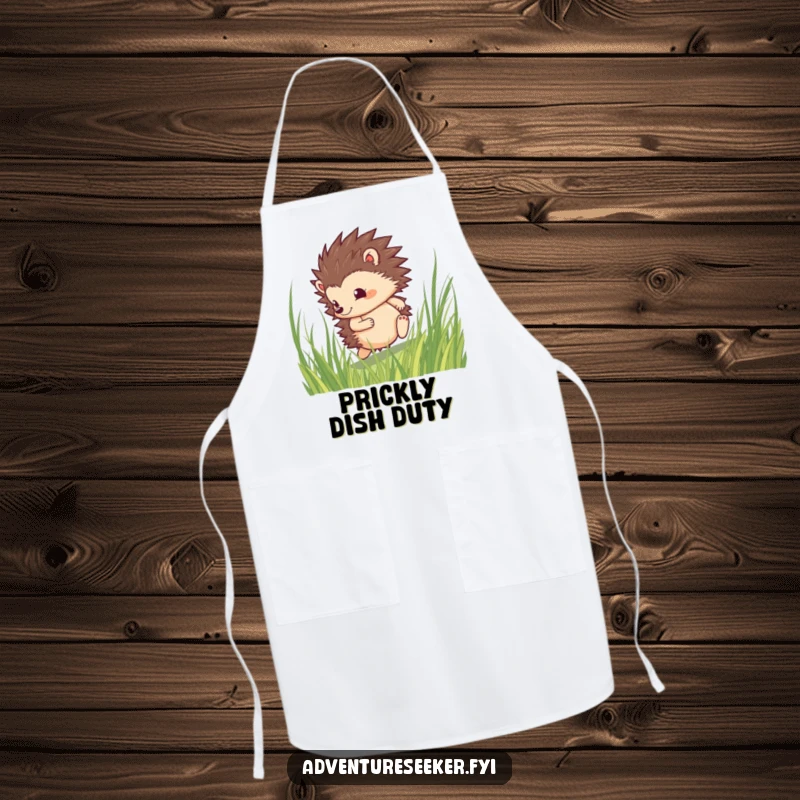 Funny hedgehog apron featuring a brave character rolling through tall grass with a determined spirit, perfect for a courageous cook.
