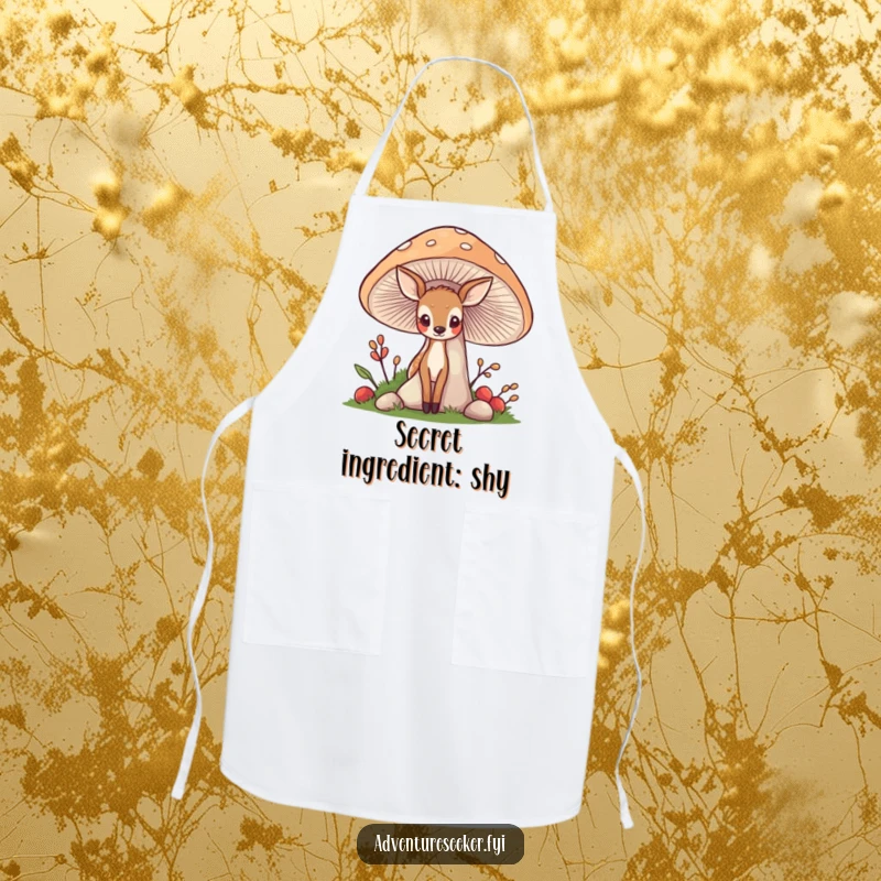 Funny Deer Mushroom Apron: A shy deer peaking from a mushroom, perfect for kitchen adventures with woodland humor.