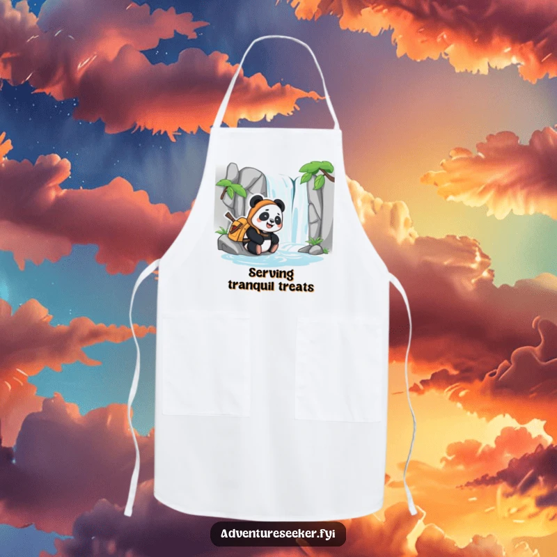 Funny apron showing a content panda adventurer resting by a stylized waterfall, bringing happy and calm vibes to the kitchen.