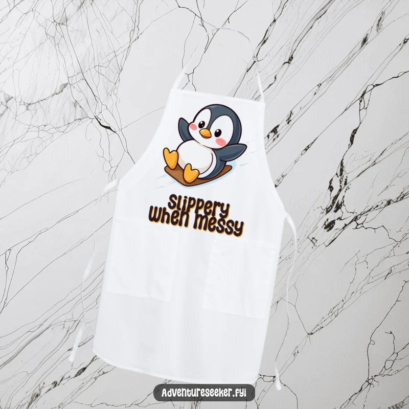 Funny wobbly penguin character in an apron, sliding down an icy slope with gusto. A practical funny gift.