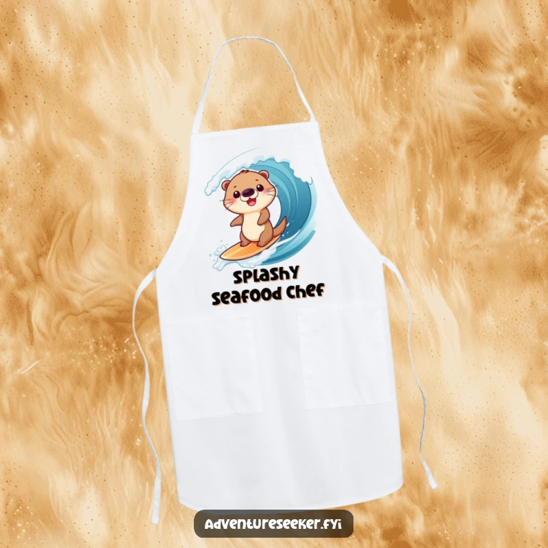 Funny apron depicting a giggling otter character surfing a giant wave, adding a splash of aquatic humor to your cooking sessions, a great gift.