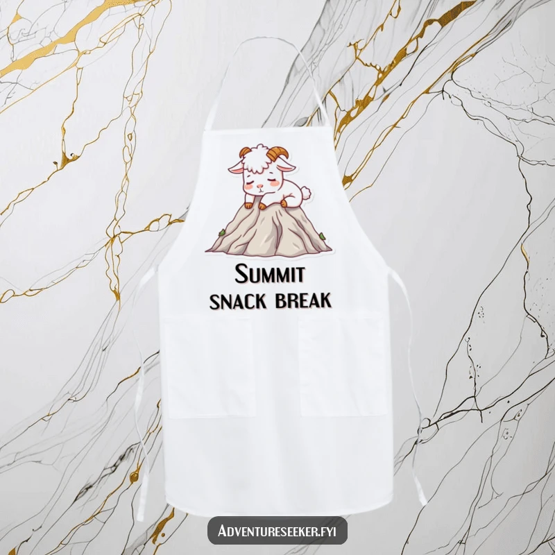 Funny Mountain Goat Apron featuring a contented goat character napping on a mountain peak, perfect for a humorous cooking experience.
