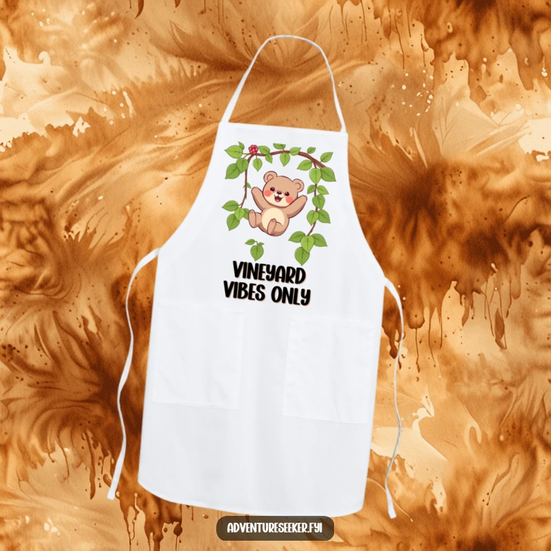 Funny apron showcasing a small bear character joyfully swinging on a vine, ready for kitchen adventures with a smile.
