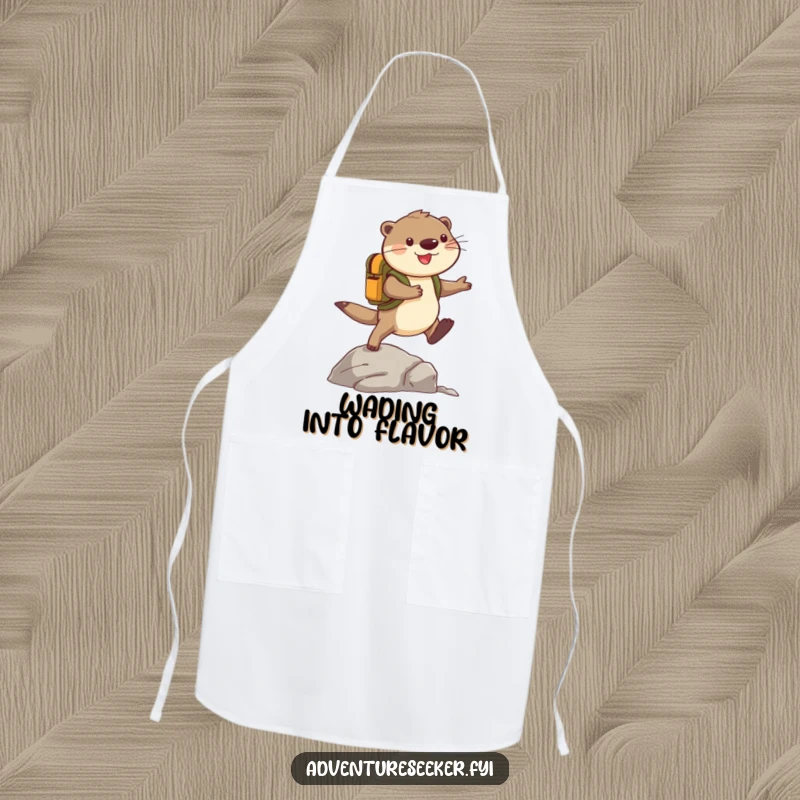Funny Otter Apron: Cheerful adventurer otter with a backpack leaping over a rock, perfect for adding humor and practicality to kitchen adventures.