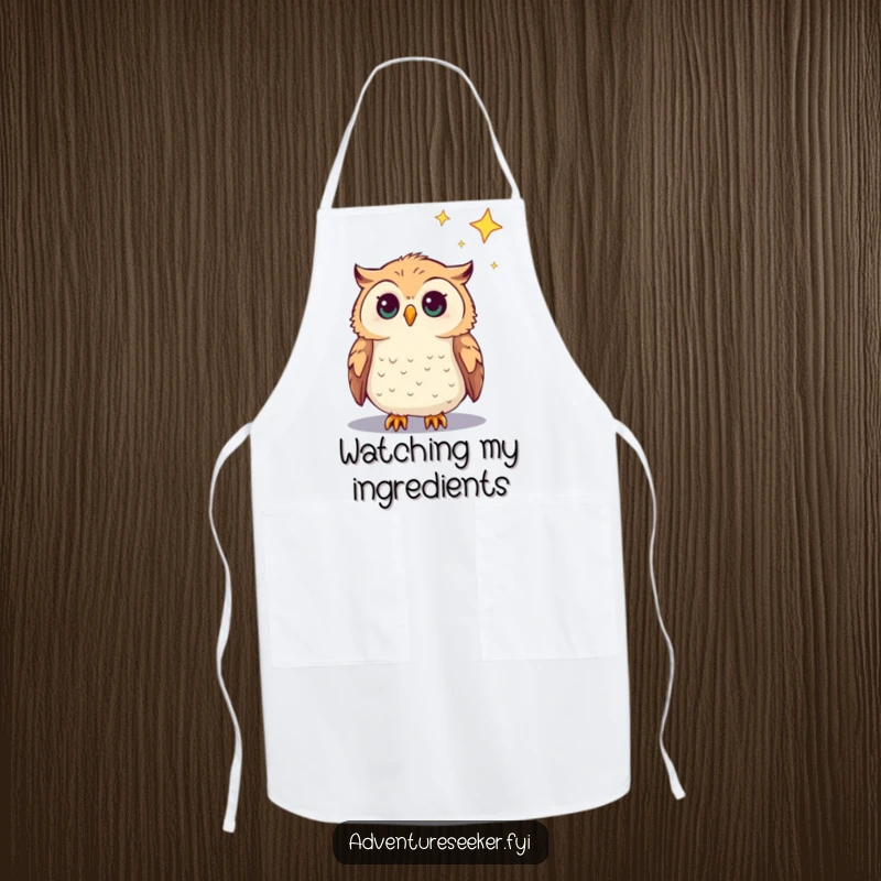 Funny Owl Apron featuring a curious owl character gazing at a distant star, perfect for a humorous cooking experience.