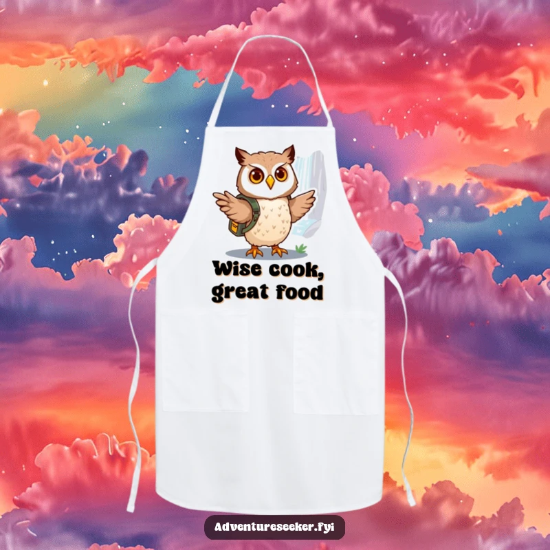 Funny owl explorer apron, depicting a brave owl in a backpack pointing towards a distant, shimmering waterfall.