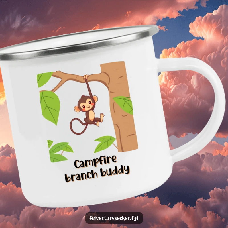 Funny camping mug with a mischievous monkey character hanging from a jungle tree branch, ideal for outdoor enthusiasts.