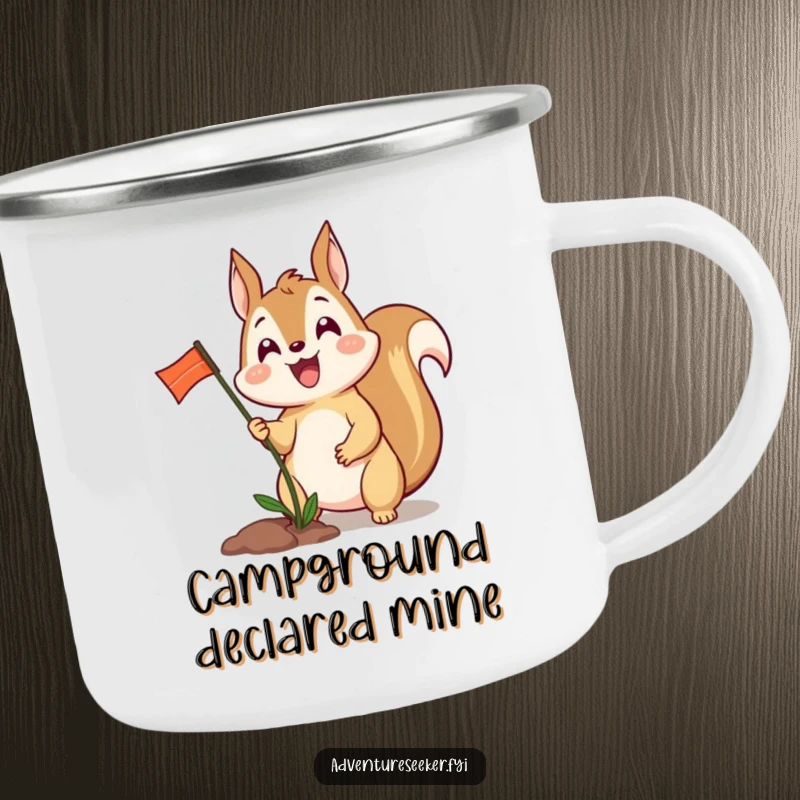 Funny camping mug featuring an excited squirrel character planting a tiny flag, ideal for celebrating outdoor achievements.