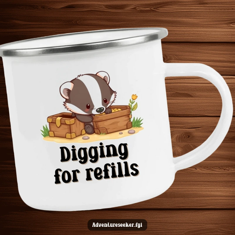 Funny camping mug with a curious badger character digging excitedly by a hidden treasure chest, ideal for adventurers.