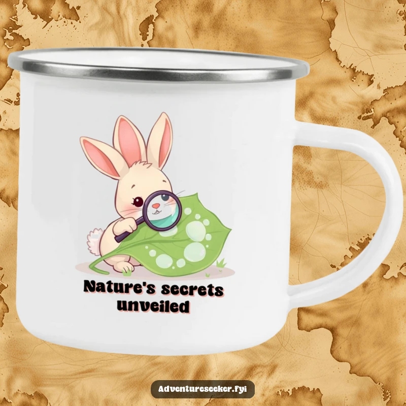 Funny Rabbit Magnifying Leaf Camping Mug. Features a rabbit with a magnifying glass on a leaf for nature-loving campers.