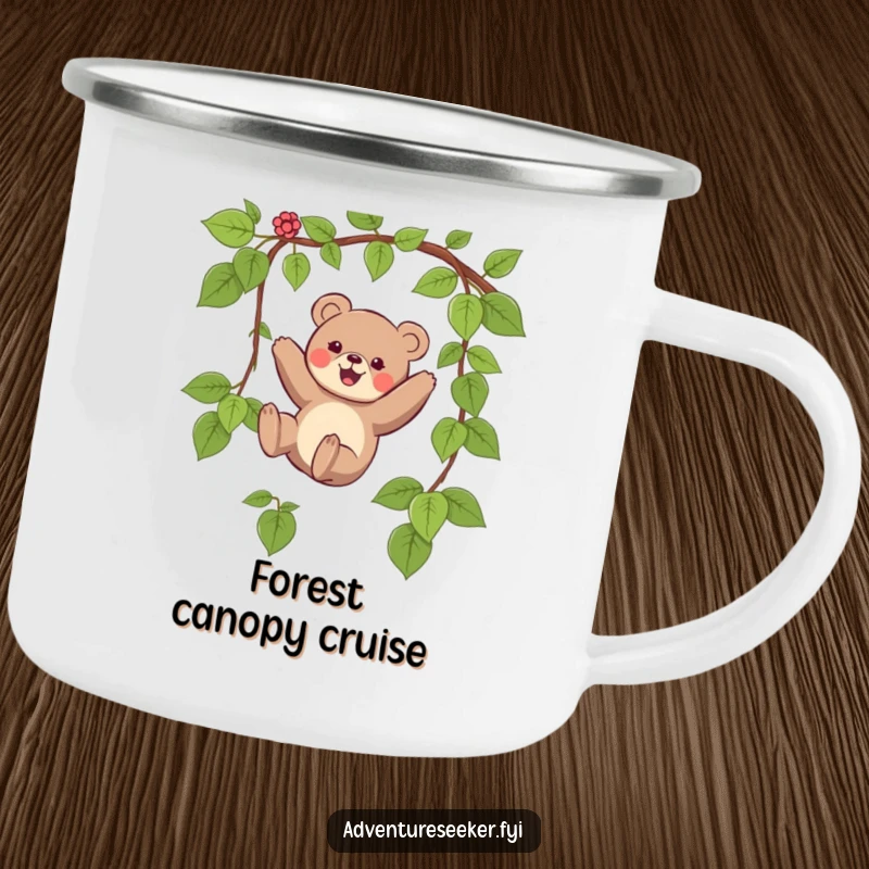 Funny camping mug featuring a small bear character joyfully swinging on a vine, perfect for outdoor enthusiasts.