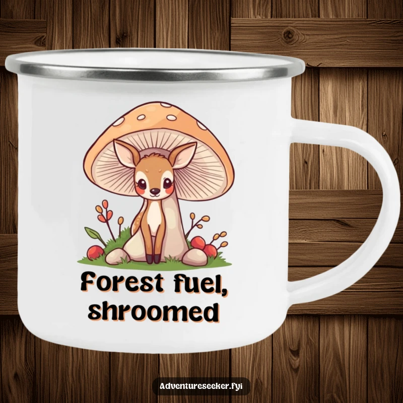 Funny Deer Mushroom Camping Mug: A shy deer behind a mushroom, for enjoying nature with cute humor.
