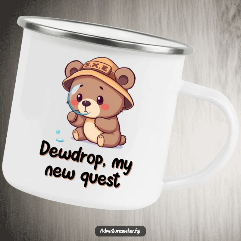 Funny bear cub explorer camping mug, showing a cub in an explorer hat with a magnifying glass looking at a dewdrop.
