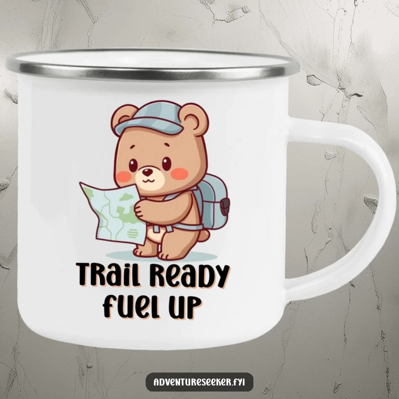 Funny Bear Camping Mug: Cute character with backpack and map, ready for a funny outdoor adventure.