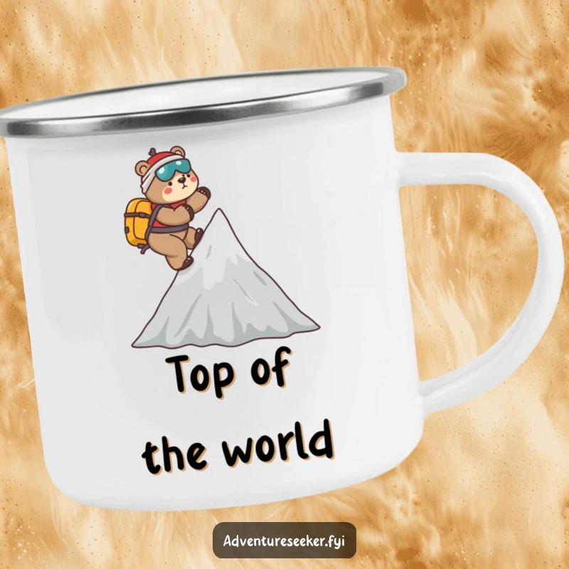 Funny Bear Mountaineer Camping Mug: Playful bear climbing a stylized mountain peak, ideal for outdoor adventures and humorous camp mornings.