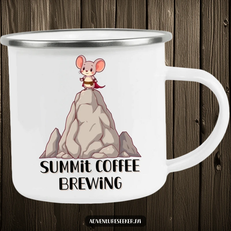 Funny camping mug with a brave little mouse character standing atop a tall, ancient rock, ideal for outdoor enthusiasts.