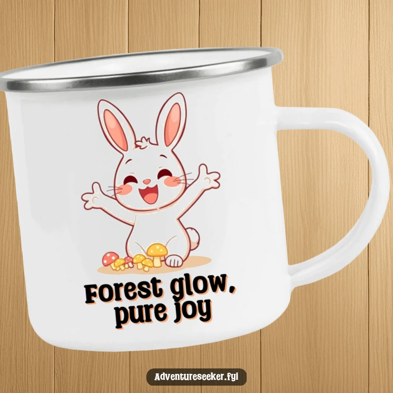 Funny bunny mushroom camping mug, showing a cheerful bunny discovering glowing mushrooms with arms outstretched.