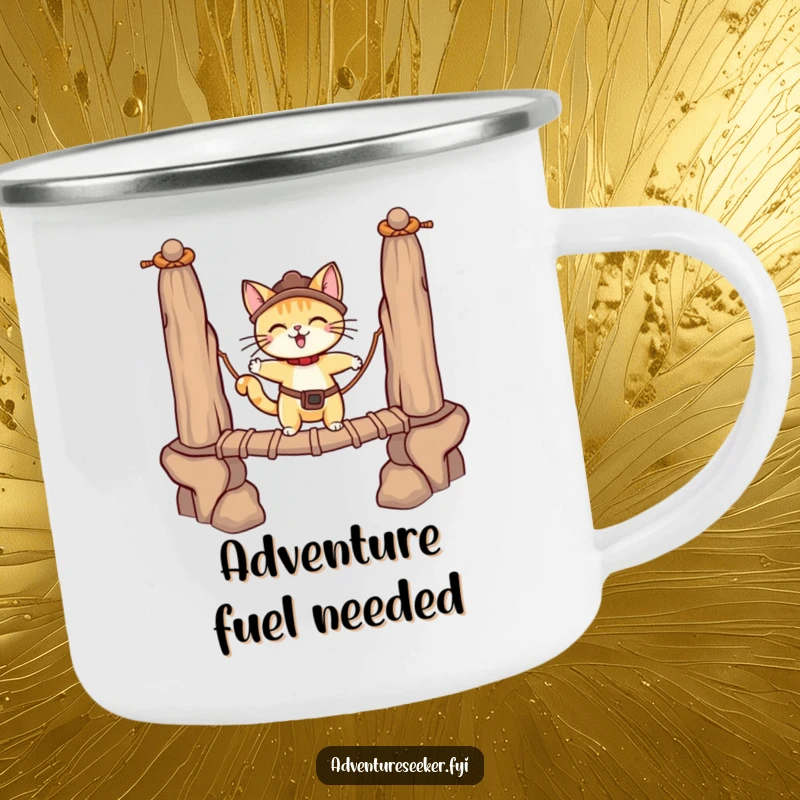 Funny adventurous cat character on a rugged camping mug, balancing on a rope bridge. A durable funny gift.