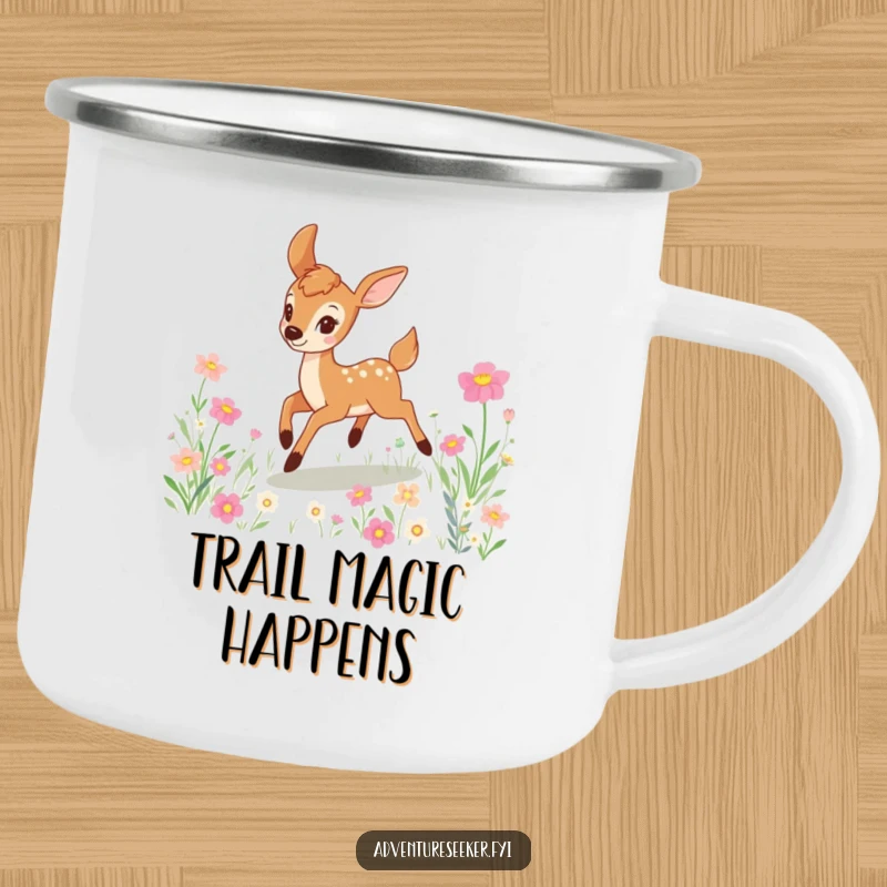 Funny deer camping mug showing a happy character joyfully bounding through a vibrant field of flowers, ideal for outdoor enthusiasts.