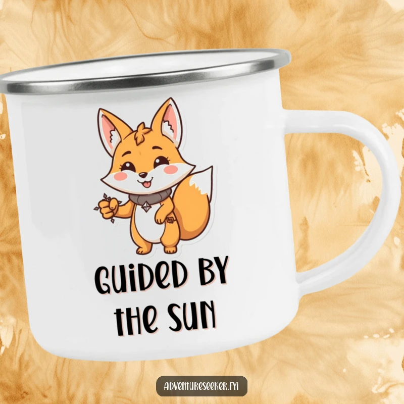 Funny Fox Camping Mug: Determined character with a compass, pointing the way, perfect for funny outdoor journeys.
