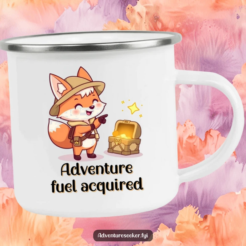 Funny camping mug with a happy fox explorer character pointing at a treasure chest, durable for outdoor adventures.