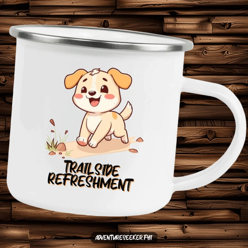 Funny happy dog camping mug with an enthusiastic character following a trail, designed for outdoor use.