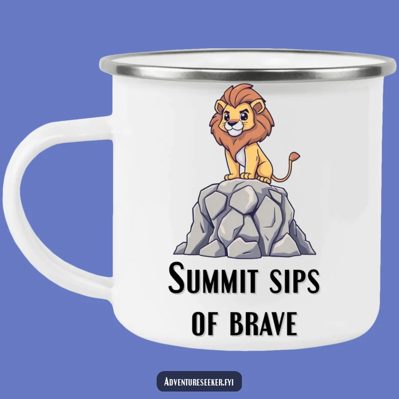 Funny Lion Camping Mug: Brave Surveying Character's Adventure Fuel, Gift